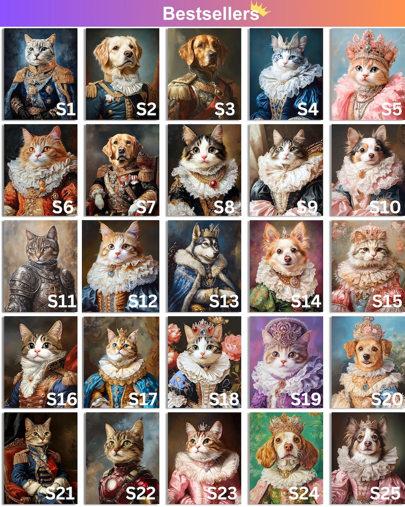 May include: A collage of 25 images featuring various pets dressed in royal attire. The pets include cats, dogs, and a wolf, all wearing crowns, jewels, and elaborate clothing. The images are arranged in a grid pattern, with each image labeled with a number from S1 to S25.
