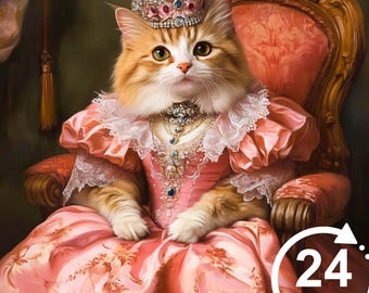 May include: A cat wearing a pink dress and a crown sits on a throne-like chair. The cat has a jeweled necklace and a crown with jewels. The background is a dark brown color. The image has the text "24 HOURS" in a white circle with a white arrow.