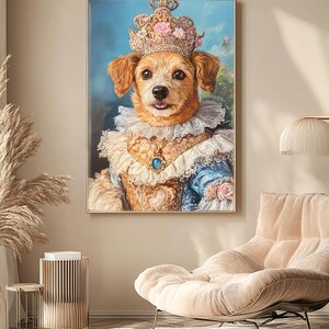 May include: A painting of a small brown dog wearing a gold crown with pink flowers and a blue and white dress. The dog is looking at the viewer with a happy expression.