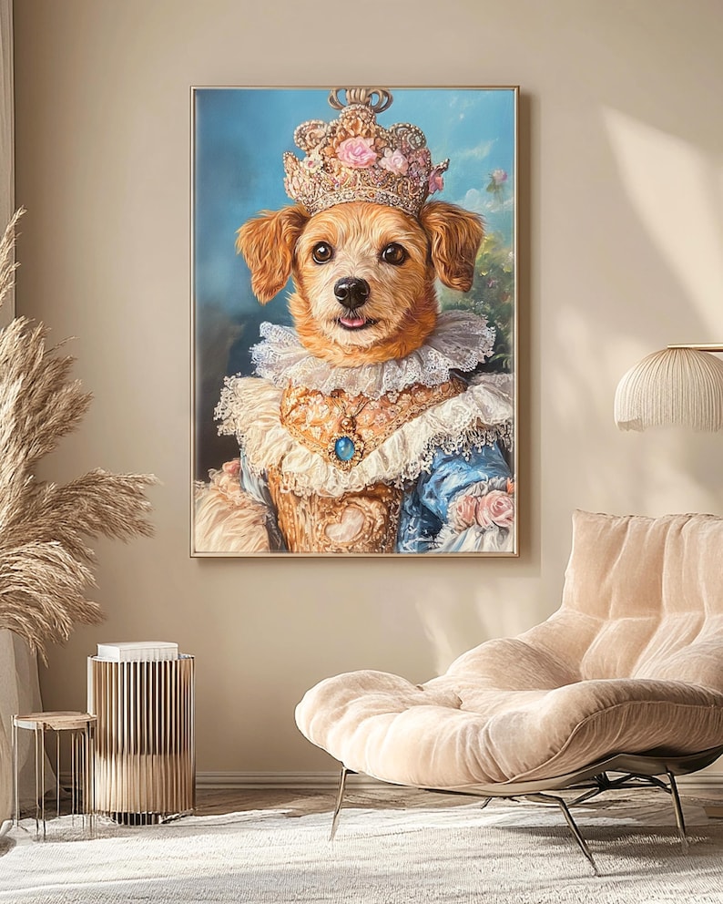 May include: A painting of a small brown dog wearing a gold crown with pink flowers and a blue and white dress. The dog is looking at the viewer with a happy expression.