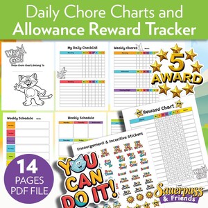 May include: A colorful PDF file titled "Daily Chore Charts and Allowance Reward Tracker." The image includes charts, stickers, and a reward system. The design features a cartoon cat, stars, and the phrase "You Can Do It!"