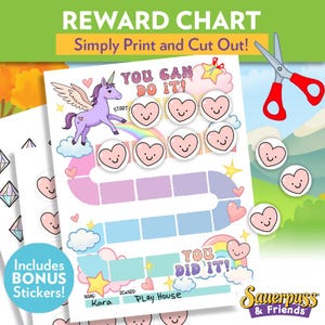 Könnte beinhalten: Eine farbenfrohe Belohnungstafel mit dem Text "REWARD CHART" und "Simply Print and Cut Out!". Die Tafel zeigt ein Einhorn, Herzen und den Text "YOU CAN DO IT!". Inklusive Bonus-Aufklebern. Eine rote Schere ist ebenfalls sichtbar.