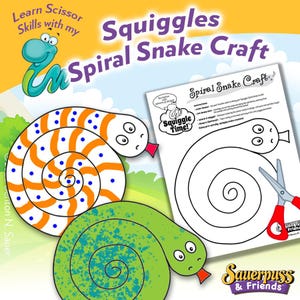 May include: A printable craft activity for kids to make a spiral snake. The image shows a colorful snake with orange and white stripes and blue dots, and a green snake with green and white splatter paint. The printable template is shown with a pair of scissors and the text "Squiggle Time!" and "Spiral Snake Craft".