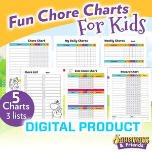 May include: Five printable chore charts and three chore lists for kids. The charts are colorful and feature a variety of cartoon characters. The text on the charts includes "Chore Chart", "My Daily Chores", "Weekly Chores", "Kids Chore Chart", and "Reward Chart".
