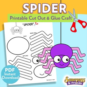 May include: A printable spider craft with the word "SPIDER" at the top. The craft includes a purple spider with pink legs, a sheet with cut-out pieces, and the text "Printable Cut Out & Glue Craft". A pair of red scissors is also included.