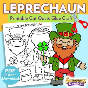 May include: A printable "Leprechaun" cut-out and glue craft. The image features a leprechaun character with a green hat and jacket, holding a four-leaf clover. Includes a pot of gold, clover, and other cut-out pieces. The text "PDF Instant Download" is visible.