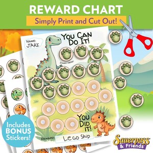 May include: A colorful reward chart with a dinosaur theme. The chart features a green dinosaur, paw print stickers, and the text "You Can Do It!". Includes bonus stickers and the text "Simply Print and Cut Out!"