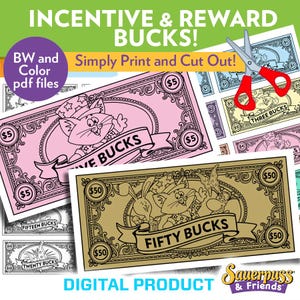 Printable Reward Bucks, Kids Play Money, Chore and Behavior Incentive, Digital Download
