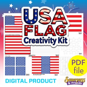 May include: A digital USA Flag Creativity Kit featuring designs of the American flag, red and white stripes, and star patterns. The kit is a digital product and includes a PDF file, ideal for creative projects.