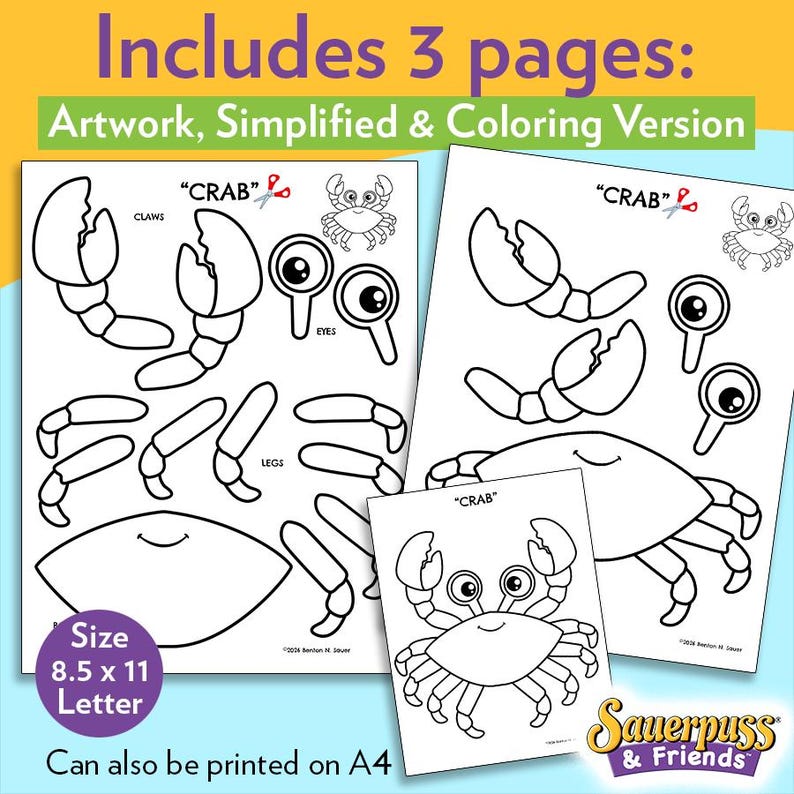 Crab Printable Cut Out and Paste Kit, Kids Preschool Crab Coloring ...