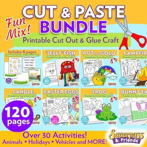 May include: A vibrant printable cut and paste bundle labelled "Cut & Paste Fun Mix! Bundle". Contains 120 pages with over 30 activities. Includes craft themes such as jellyfish, Easter eggs, and a frog.