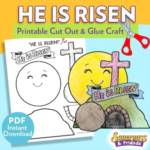 Peut inclure: Une feuille d'artisanat sur le thème de Pâques avec le texte "Il est ressuscité". L'image présente un soleil jaune souriant, des croix et un tombeau. Le texte "Printable Cut Out & Glue Craft" est également visible. Un téléchargement instantané PDF est disponible.