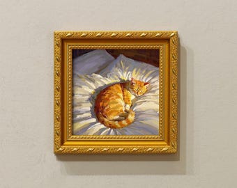 Small Oil Painting: Sleeping Cat Wall Art Decor With Gold Frame,Available sizes