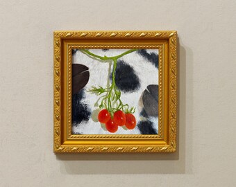 Small Framed Oil Painting Art: Little Cow's Tomato Necklace, With Gold Frame, Optional Size