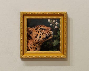 A Leopard Sniffs The Rose,Small Oil Painting Art With Gold Frame,7x7Inches