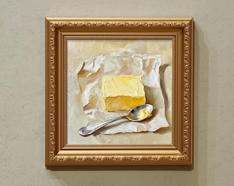 Small Framed Hand-painted Oil Painting, Butter, 5x5 Hand-painted Canvas