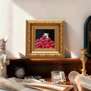 Strawberry Mouse - 5x5 inch Original Oil Painting - Whimsical Animal Art for Kitchen or Nursery Decor image 9
