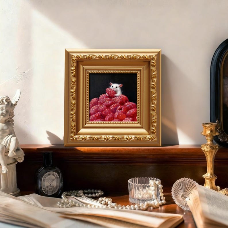 Strawberry Mouse - 5x5 inch Original Oil Painting - Whimsical Animal Art for Kitchen or Nursery Decor image 9