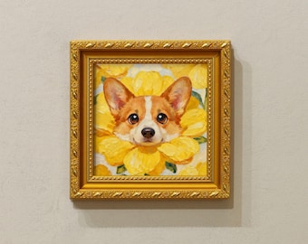 Corgi In Yellow Blossoms,Small Frame Oil Painting,3 Sizes