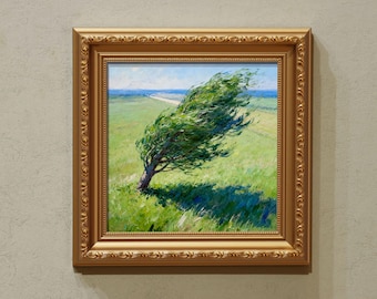 Small Hand-Painted Oil Painting - Wind-Swept Hill Tree - Living Room Decor - Gallery Wall Decor
