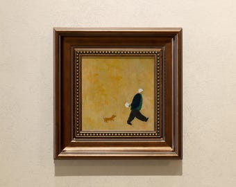 Small Framed Oil Painting Art: A MAN WEITH A DOG, Origin Oil Painting With Vintage Frame, Available Sizes