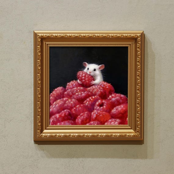 Strawberry Mouse - 5x5 inch Original Oil Painting - Whimsical Animal Art for Kitchen or Nursery Decor