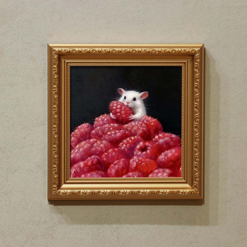 Strawberry Mouse - 5x5 inch Original Oil Painting - Whimsical Animal Art for Kitchen or Nursery Decor image 1