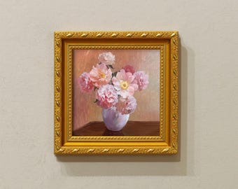 Flor rosa en un jarrón, pequeña pintura al óleo original con marco dorado, pintura de naturaleza muerta, 5 x 5 pulgadas