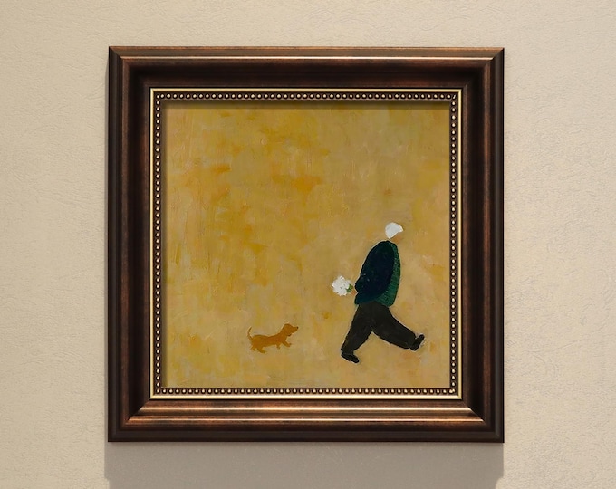 Small Framed Oil Painting Art: A MAN WEITH A DOG, Origin Oil Painting With Vintage Frame, Available Sizes