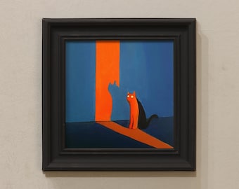 Piccolo dipinto ad olio incorniciato: Gatto nell'oscurità, stile moderno minimalista, cornice nera, art déco astratto, dimensioni a scelta