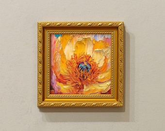 Small Golden Flower Oil Painting, 5x5 Canvas Art with Gold Frame