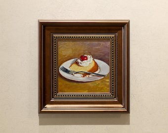 Small Framed Oil Painting Art:CHERRY CAKE SLICE,Original Oil Painting With Vintage Frame, Available Size