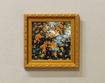 Small Framed Oil Painting:Osmanthus And Water Ripples,9x9 Inch Original Artwork