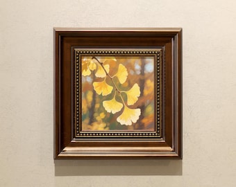 Kleines gerahmtes Ölgemälde: Ginkgoblätter, Original Ölgemälde mit Vintagem Rahmen, optionale Größe
