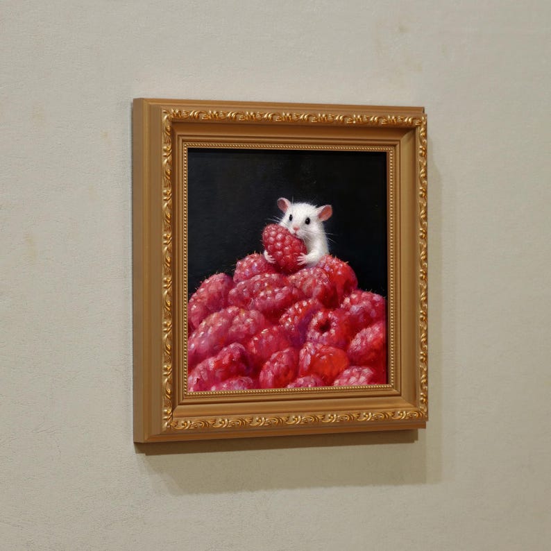 Strawberry Mouse - 5x5 inch Original Oil Painting - Whimsical Animal Art for Kitchen or Nursery Decor image 2
