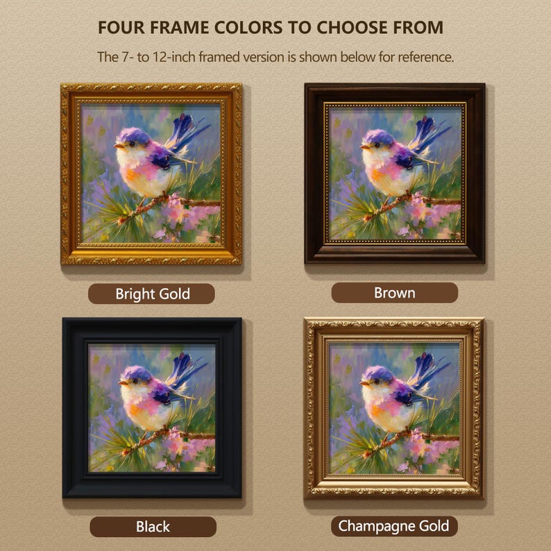 Pintura al óleo original, pájaro colorido en una rama, cuadro pequeño enmarcado, lienzo de 5x5 pulgadas, regalo para amantes de las aves. imagen 11