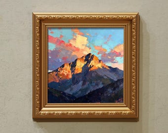 Golden Mountain Sunrise - Original Miniature Landscape Oil Painting - Framed Hand-Painted Art on Canvas