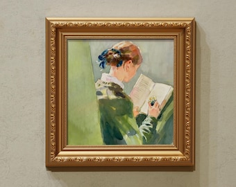 Dipinto a olio originale - Ragazza che legge, natura morta in una piccola cornice, opera d'arte dipinta a mano da 7 x 7 pollici