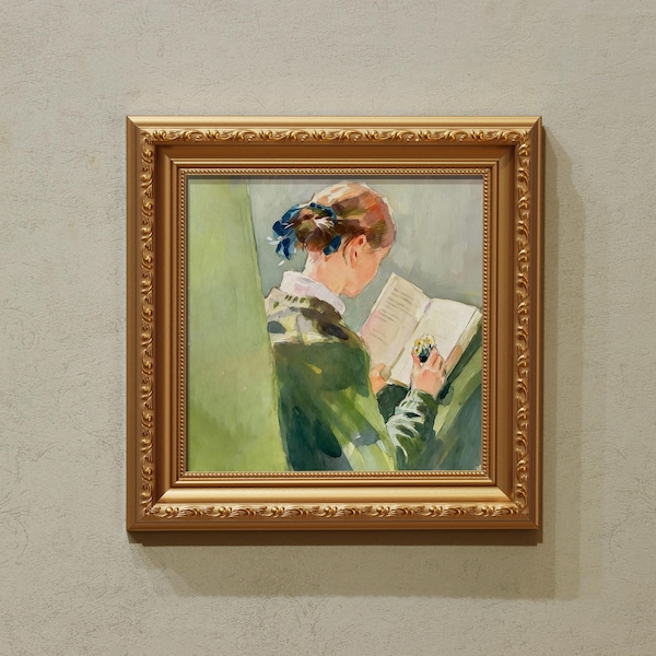 Dipinto a olio originale - Ragazza che legge, natura morta in una piccola cornice, opera d'arte dipinta a mano da 7 x 7 pollici