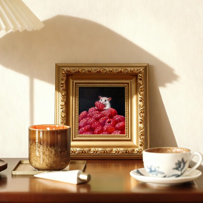 Strawberry Mouse - 5x5 inch Original Oil Painting - Whimsical Animal Art for Kitchen or Nursery Decor image 8