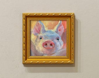 Original Oil Painting:Cute Pig,Small Framed Art, 5x5inch Canvas Artwork