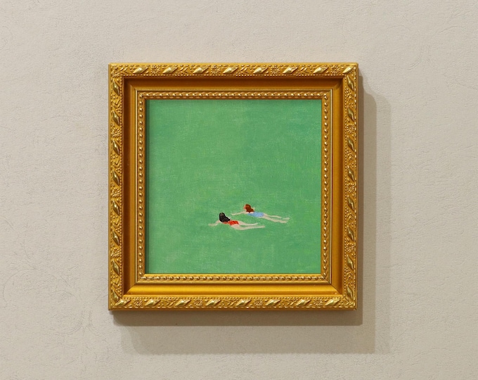 Small Framed Original Art,5x5 Canvas Artwork, Gift For Friends, Gold Frame Wall Decor, Two Women Swimming