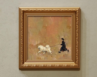 Small Framed Oil Painting:GIRL AND DOG, Hand-Painted Oil Painting,Gift For Family