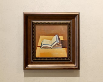 Piccola pittura a olio con cornice: un libro, pittura a olio originale con cornice vintage, misure disponibili