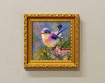 Dipinto ad olio originale, Uccello colorato su un ramo, Piccola opera incorniciata, Quadro su tela 5x5, Regalo per gli amanti degli uccelli