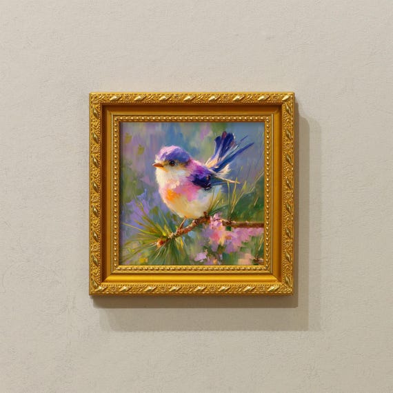 Original Oil Painting,Colorful Bird on Branch,Small Framed Art, 5x5 Canvas Artwork, Gift for Bird Lovers
