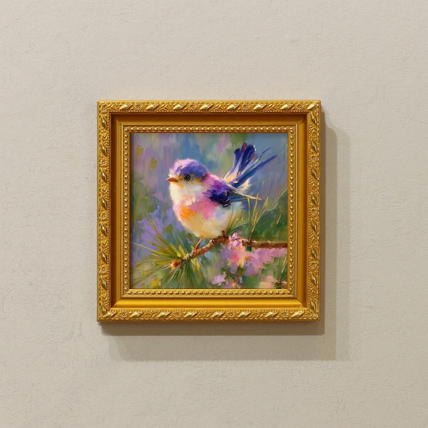 Original Oil Painting,Colorful Bird on Branch,Small Framed Art, 5x5 Canvas Artwork, Gift for Bird Lovers