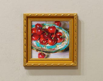 Cherries Still Life Oil Painting – Small Framed Kitchen Wall Art, Hand-Painted Home Decor
