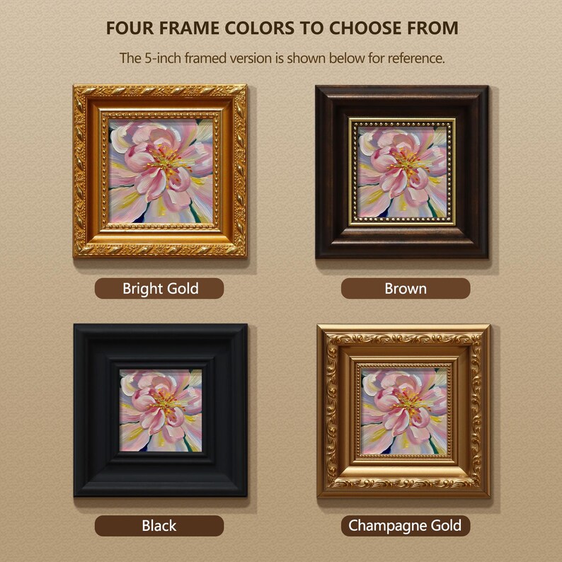 Small Framed Oil Painting,Pink Flower,5x5 Still Life Art on Canvas image 4