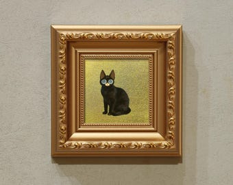 Small Original Gold Leaf Oil Painting, Black Cat, 5x5 Inch Canvas Artwork, Gift for Friend